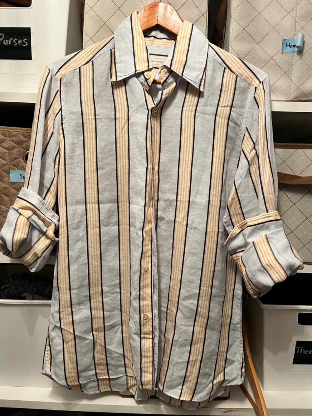 Mastai Ferretti Vertical Striped Button-Down in Light Gray and Beige 100% Linen